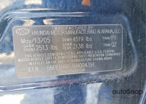 2006 Hyundai Sonata Gls z USA, uszkodzony, nr VIN 5NPEU46F36H004391